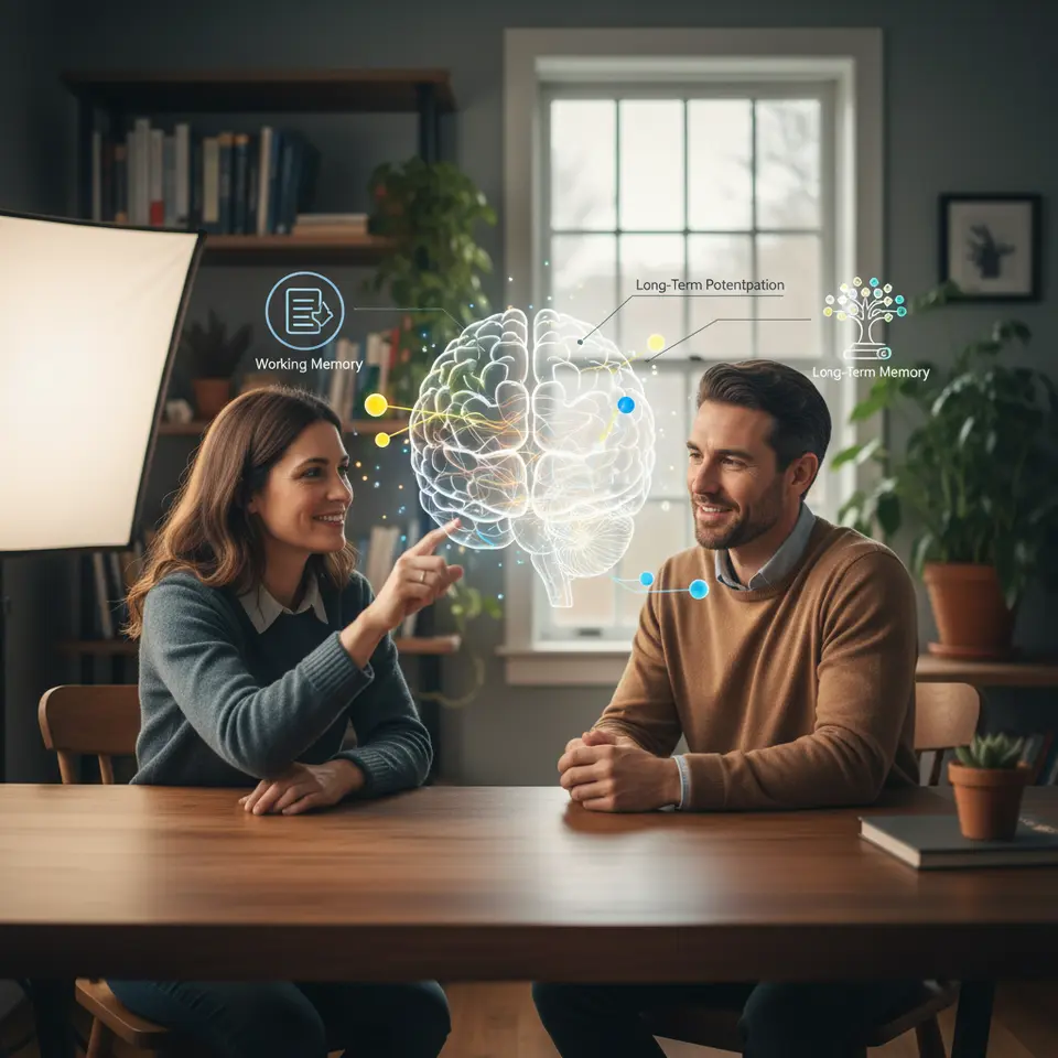 Neuroscience Foundations Shaping Learning: a stylized, semi-transparent brain cross-section with glowing neural networks, synapses strengthening (Long-Term Potentiation), colorful neurotransmitter molecules (dopamine, acetylcholine) flowing between connections, and icons representing working memory versus long-term memory
