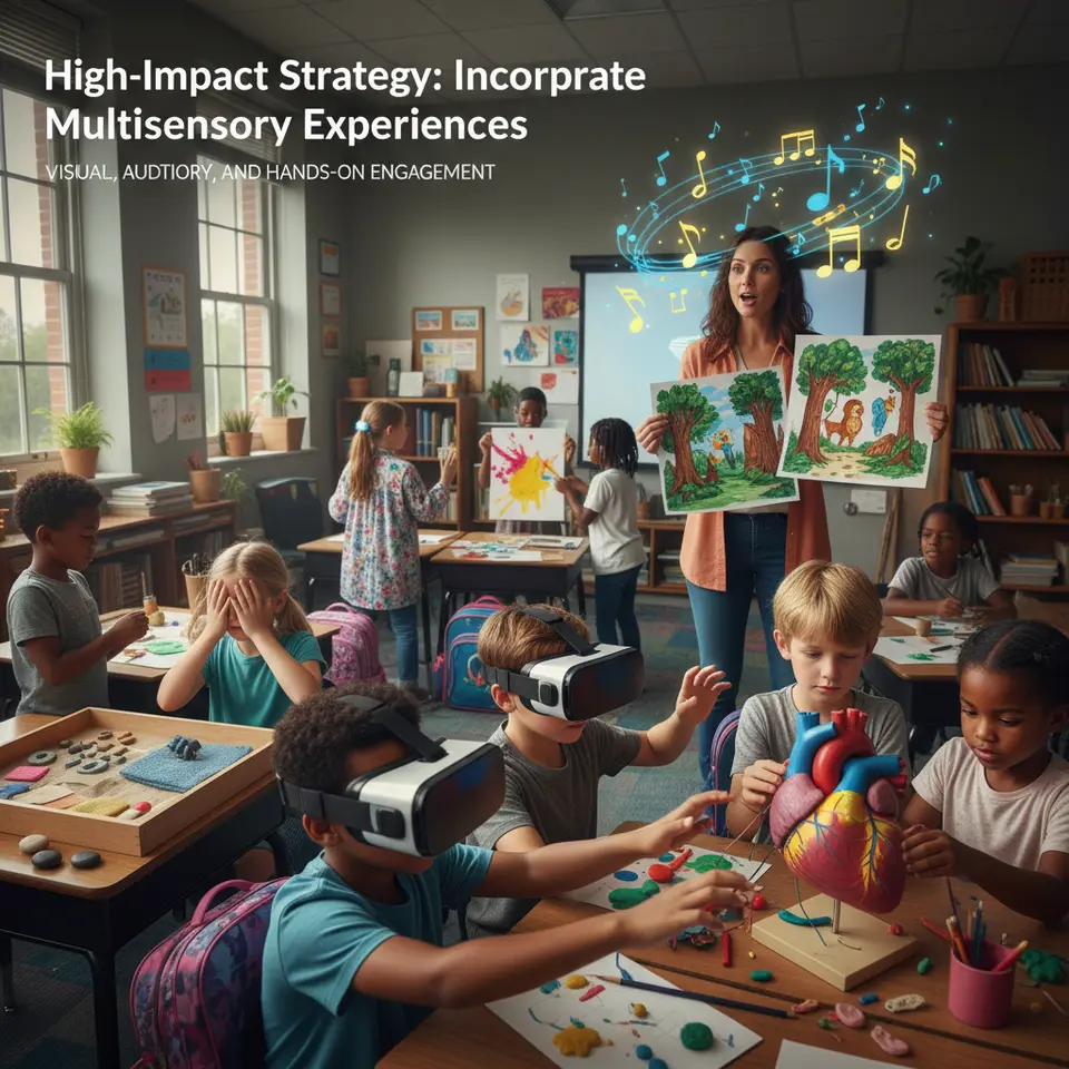 High-Impact Strategy: Incorporate Multisensory Experiences: a vibrant classroom scene showing diverse students in action—some wearing VR headsets, others manipulating physical models or art supplies, a teacher narrating with illustrated storyboards, floating music notes indicating background audio, and tactile learning stations—all combining visual, auditory, and hands-on engagement