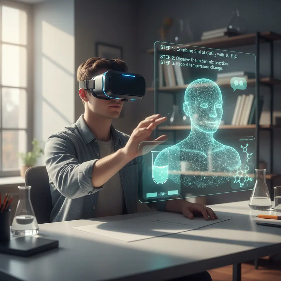 A learner immersed in a virtual chemistry lab wearing a VR headset, with an AI chatbot avatar floating alongside and overlaying step-by-step experimental guidance in a futuristic, interactive scene