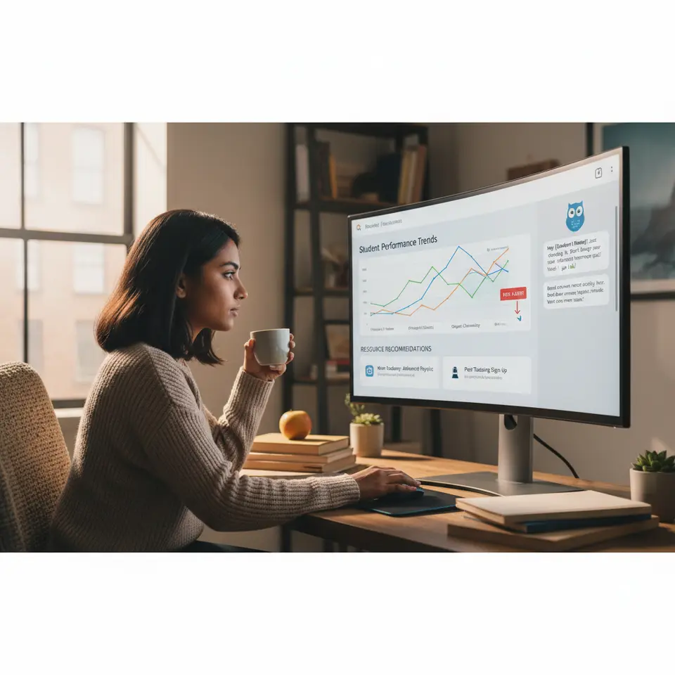 A modern dashboard of predictive analytics displaying student performance trends—graphs, risk alerts, and resource recommendations—with a chatbot notification panel proactively sending timely study tips and check-in messages to a student