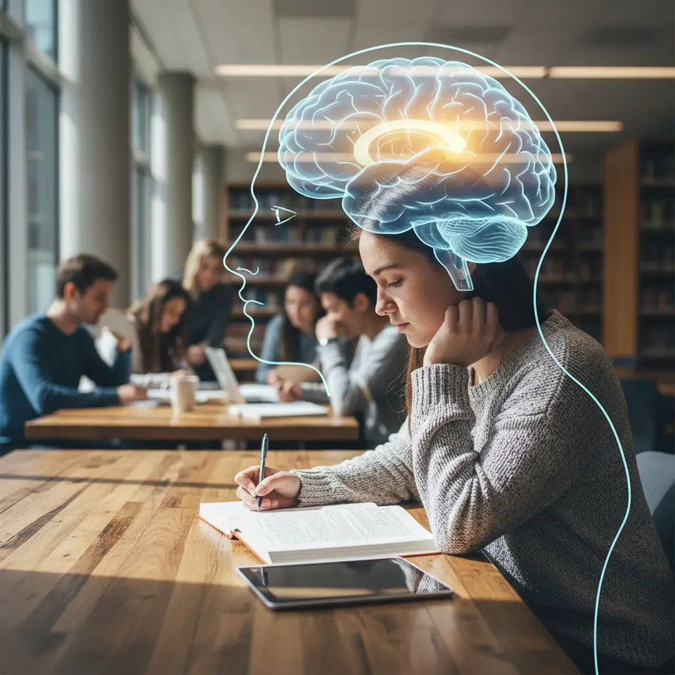 Neuroscience and Cognitive Impact: A semi-transparent student brain in profile, with the prefrontal cortex and hippocampus glowing to indicate increased gray-matter density and the amygdala dimmed to show reduced stress response