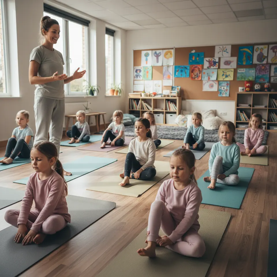 Body Scan and Movement Activities: A bright classroom scene where children follow a guided body scan—relaxing shoulders and back—and transition into gentle yoga stretches like 'melting toes into the floor,' led by a smiling teacher