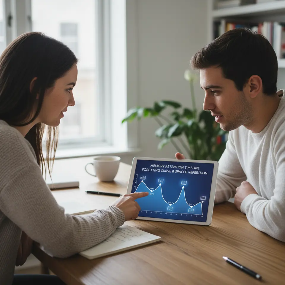 Forgetting Curve and Spaced Repetition Timeline: A stylized graph plotting memory retention over time showing an initial steep decline (the forgetting curve) interrupted by periodic spikes each time a review session occurs, illustrating how spaced intervals reset and bolster retention.