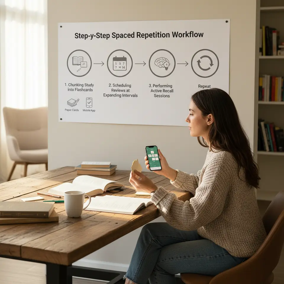 Step-by-Step Spaced Repetition Workflow: An infographic depicting the learner’s journey—chunking study material into flashcards, choosing between paper cards and a mobile app, scheduling reviews at expanding intervals (1, 3, 7, 14 days), and performing active recall sessions—complete with icons for each step.