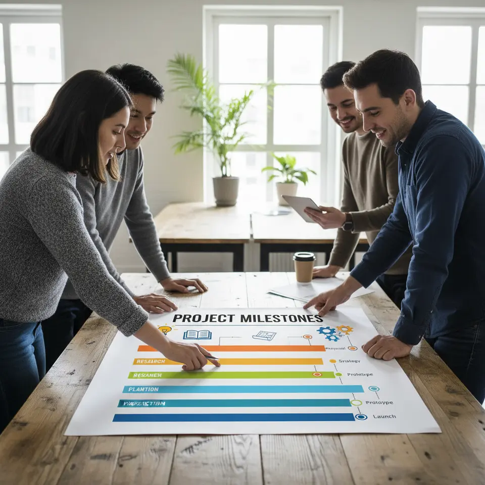 A vibrant multi-phase project timeline infographic laid out like a Gantt chart, with clearly labeled stages—Introduction, Research, Planning, Creation, Reflection, Presentation—each represented by distinct icons (e.g., a lightbulb for the driving question, a book for research, a blueprint for planning, a gear for creation, a mirror for reflection, and a podium for presentation) connected by arrows and milestone markers.