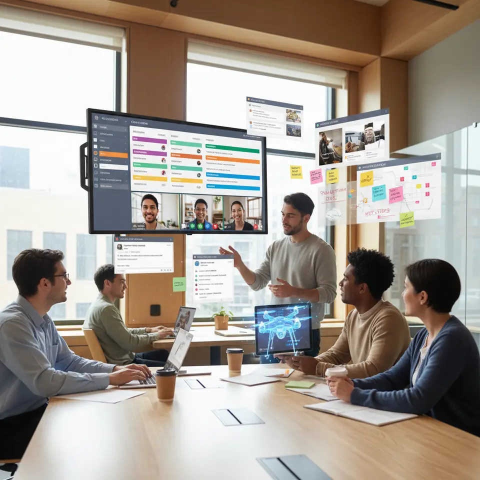 A colorful collage of essential Project-Based Learning tools: a digital Kanban board with task cards, a video conference window, a virtual whiteboard with sticky notes, a 3D prototype model on a screen, a citation manager interface, and a dynamic multimedia presentation—each tool depicted on separate device screens or floating icons to illustrate the PBL tech ecosystem.