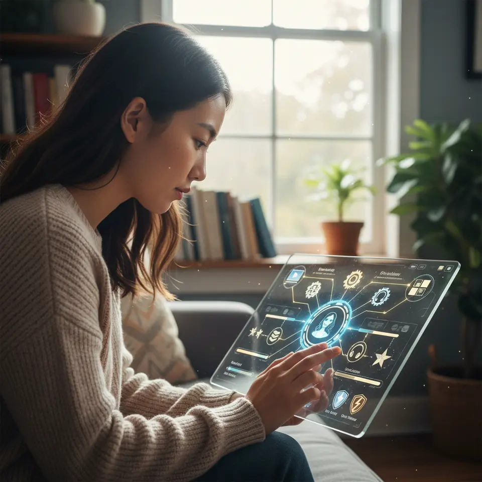 AI-powered personalized learning dashboard: a learner at the center with branching pathways of content—video tutorials, microlearning modules, podcasts and quizzes—connected by glowing algorithmic gears, progress bars, recommendation highlights and gamification badges
