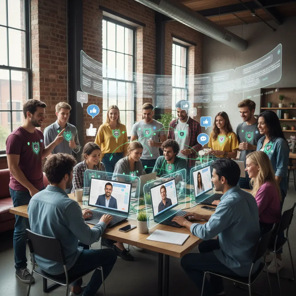 Social collaboration ecosystem: diverse avatars gathered around digital discussion boards and live chat bubbles, exchanging peer review comments and user-generated video tutorials, linked by mentorship lines and community badges in a vibrant virtual classroom