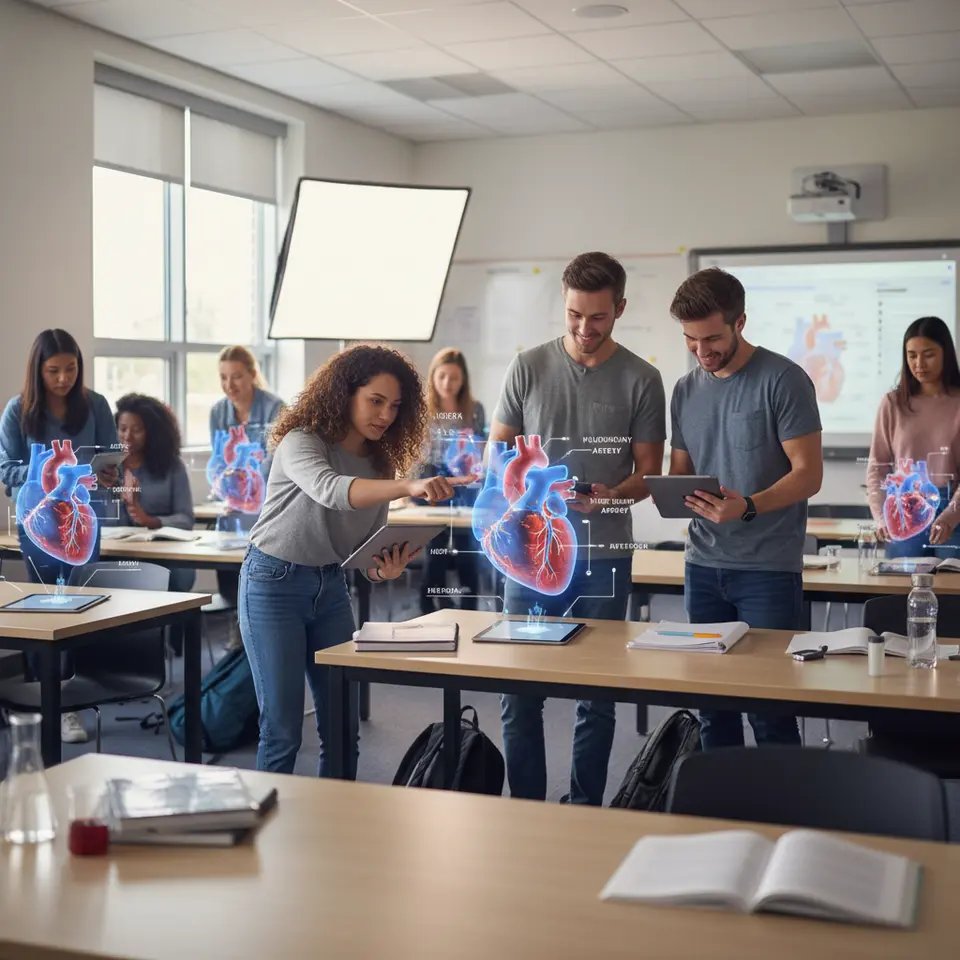 Augmented reality biology lab: students in a modern classroom holding tablets that project lifelike, interactive 3D models of the human heart above their desks, complete with color-coded chambers, animated blood flow, and touch-activated labels highlighting key structures