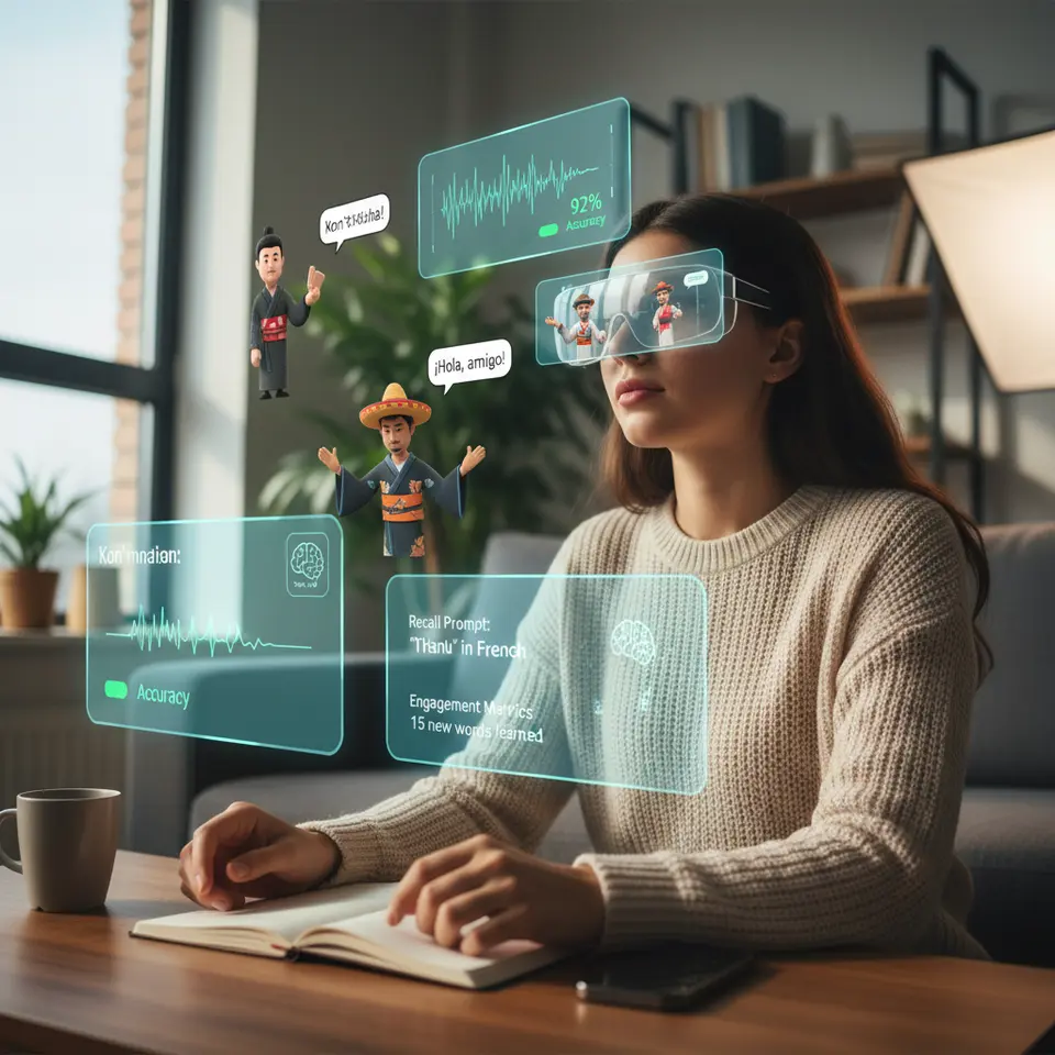 AI-driven AR language marketplace: a learner wearing sleek AR glasses exploring a bustling virtual bazaar with animated vendor avatars speaking foreign phrases, while translucent data panels float beside the student showing real-time pronunciation accuracy, recall prompts, and engagement metrics