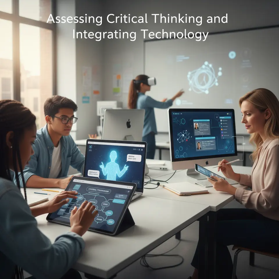 Assessing Critical Thinking and Integrating Technology: a dynamic montage of students using digital tools—interactive mind-mapping software, an AI-driven tutor interface, online debate forums, and virtual labs—while a teacher reviews analytic rubrics on a tablet and provides real-time feedback
