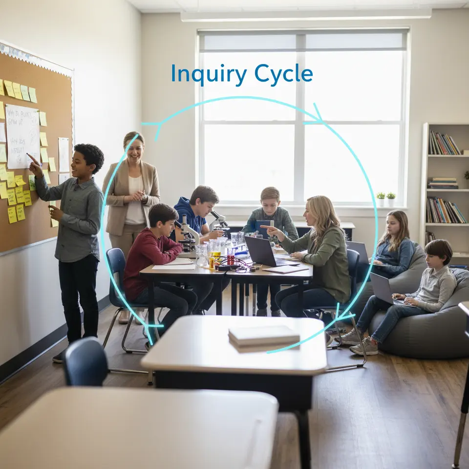 Inquiry Cycle Visualization: a dynamic circular diagram showing students moving through the three phases—posing open-ended questions at a classroom bulletin board, conducting hands-on experiments with microscopes and tablets, and reflecting in digital notebooks—while a teacher acts as guide or coach