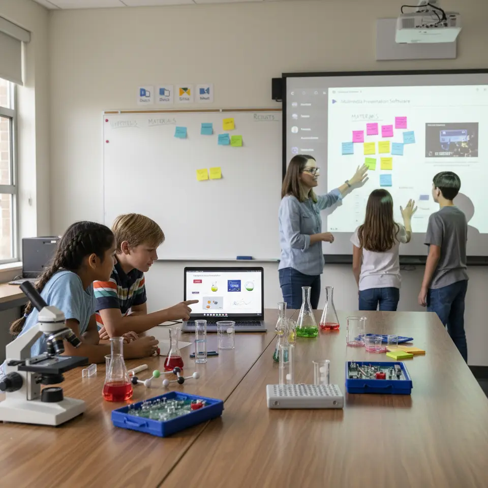 Essential Inquiry Tools Collage: an engaging classroom scene featuring a table of science kits (microscopes, lab glassware, model components), a large screen displaying a virtual lab simulation, a digital whiteboard with collaborative sticky notes, and icons for Google Workspace and multimedia presentation software